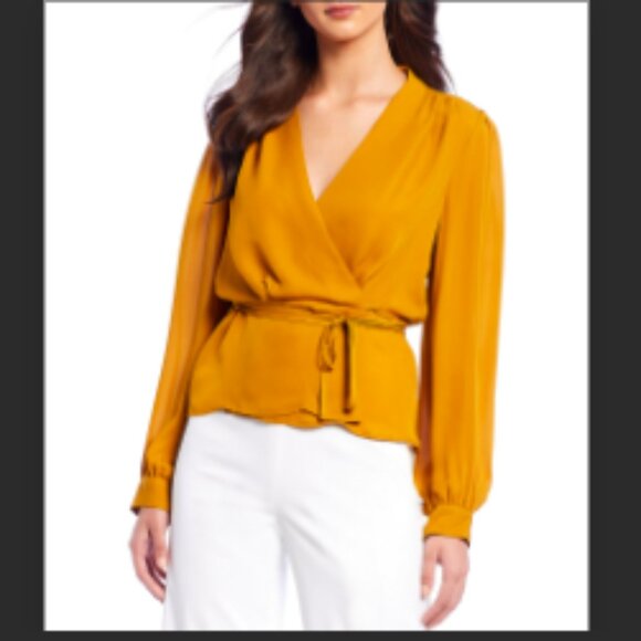 💕 NWT Antonio Melani Candace Wrap Women's S Long Sleeve Golden Oak Blouse Top - Picture 1 of 1